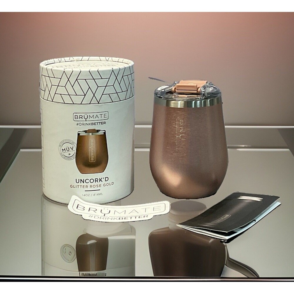 BruMate Uncork’d Leakproof Wine Tumbler Glitter Rose Gold 14 Oz